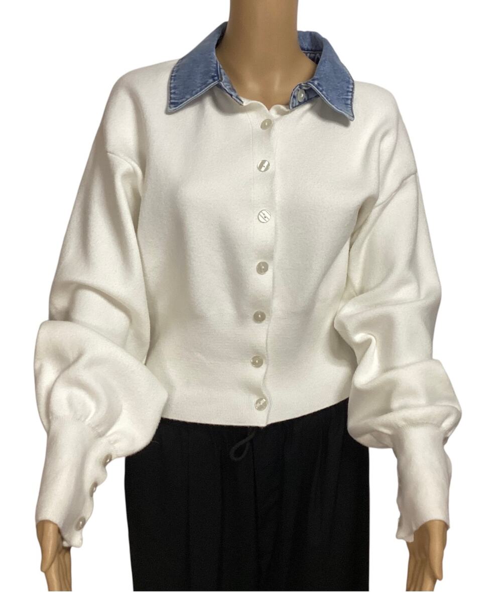Anthropologie Pilcro White Denim Collar Cardigan Sweater Size M Balloon Sleeve